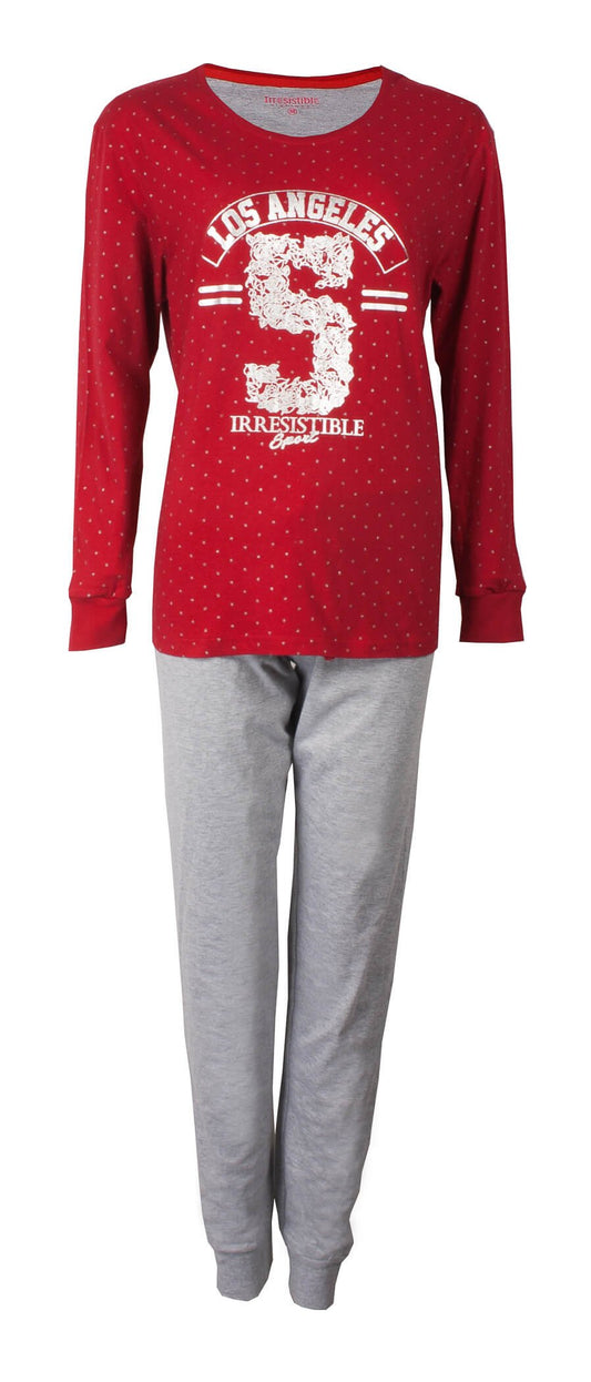 Rode pyjama met gestipte top en 'Los Angeles 5' print, lange mouwen en grijze broek van Irresistible