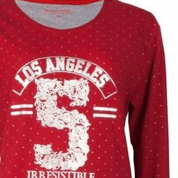 Rode dames pyjama top met witte stippen en zilveren 'Los Angeles 5' opdruk, ronde hals en lange mouwen
