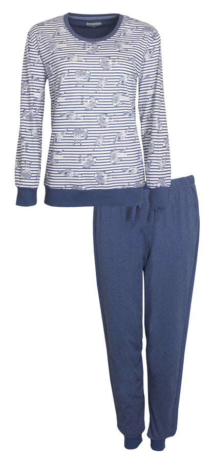 Blauwe dames pyjama met gestreepte top met zebraprint en effen lange broek van Irresistible