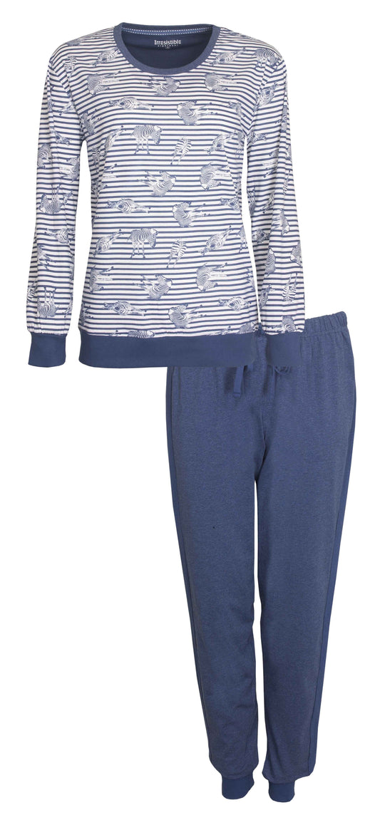 Blauwe dames pyjama met gestreepte top met zebraprint en effen lange broek van Irresistible