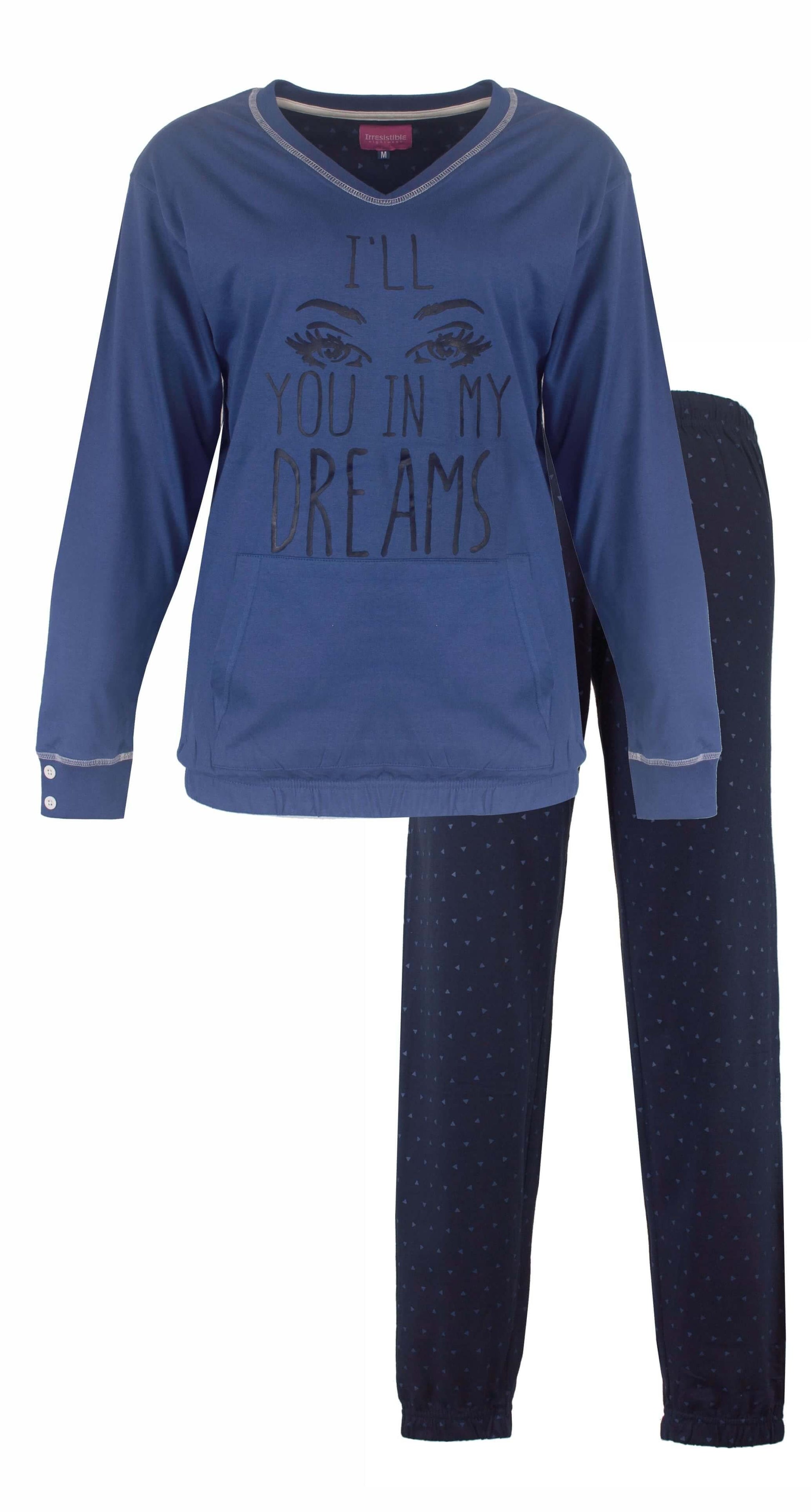 Blauwe dames pyjama set met lange mouwen. Top met V-hals en 'I'll you in my dreams' tekst. Donkerblauwe broek met stippen.