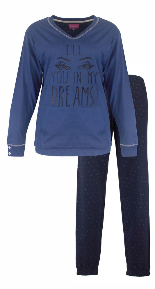 Blauwe dames pyjama set met lange mouwen. Top met V-hals en 'I'll you in my dreams' tekst. Donkerblauwe broek met stippen.