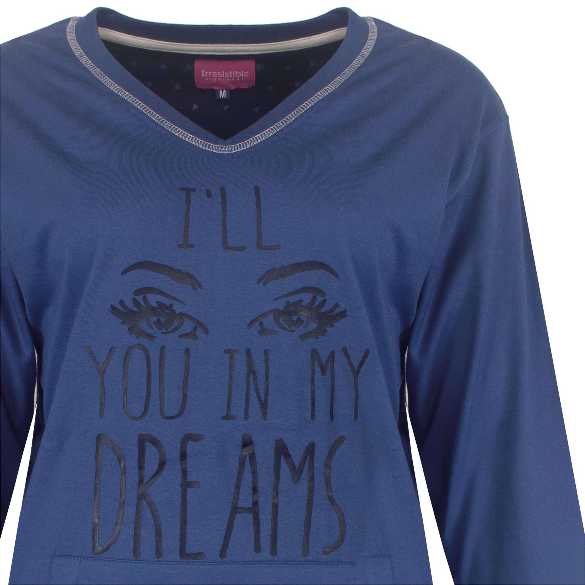 Blauwe dames pyjama top met V-hals en lange mouwen. Opdruk 'I'll you in my dreams' met ogen afbeelding.
