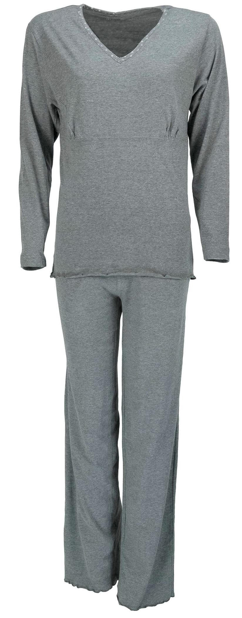 Grijze katoenen damset met V-hals mouwen top en lange broek. V-hals met contrast bies en elastische taille.