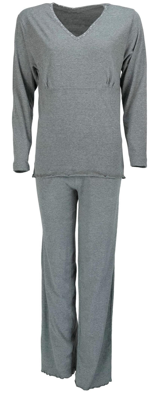 Grijze katoenen damset met V-hals mouwen top en lange broek. V-hals met contrast bies en elastische taille.