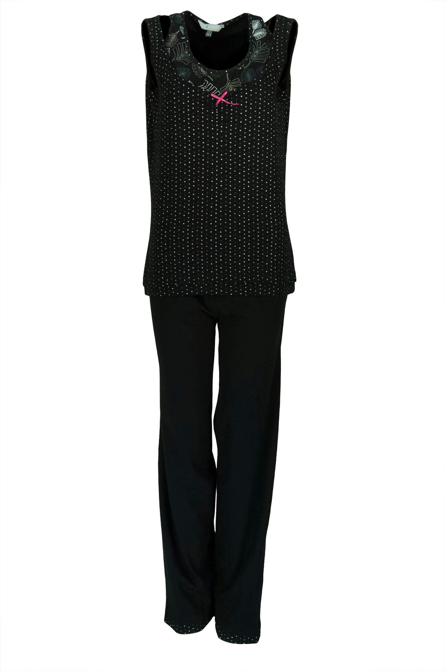 Zwarte dames pyjama met mouwloze gestipte top en lange effen broek. Ronde hals met rimpeldetail en roze strikje.