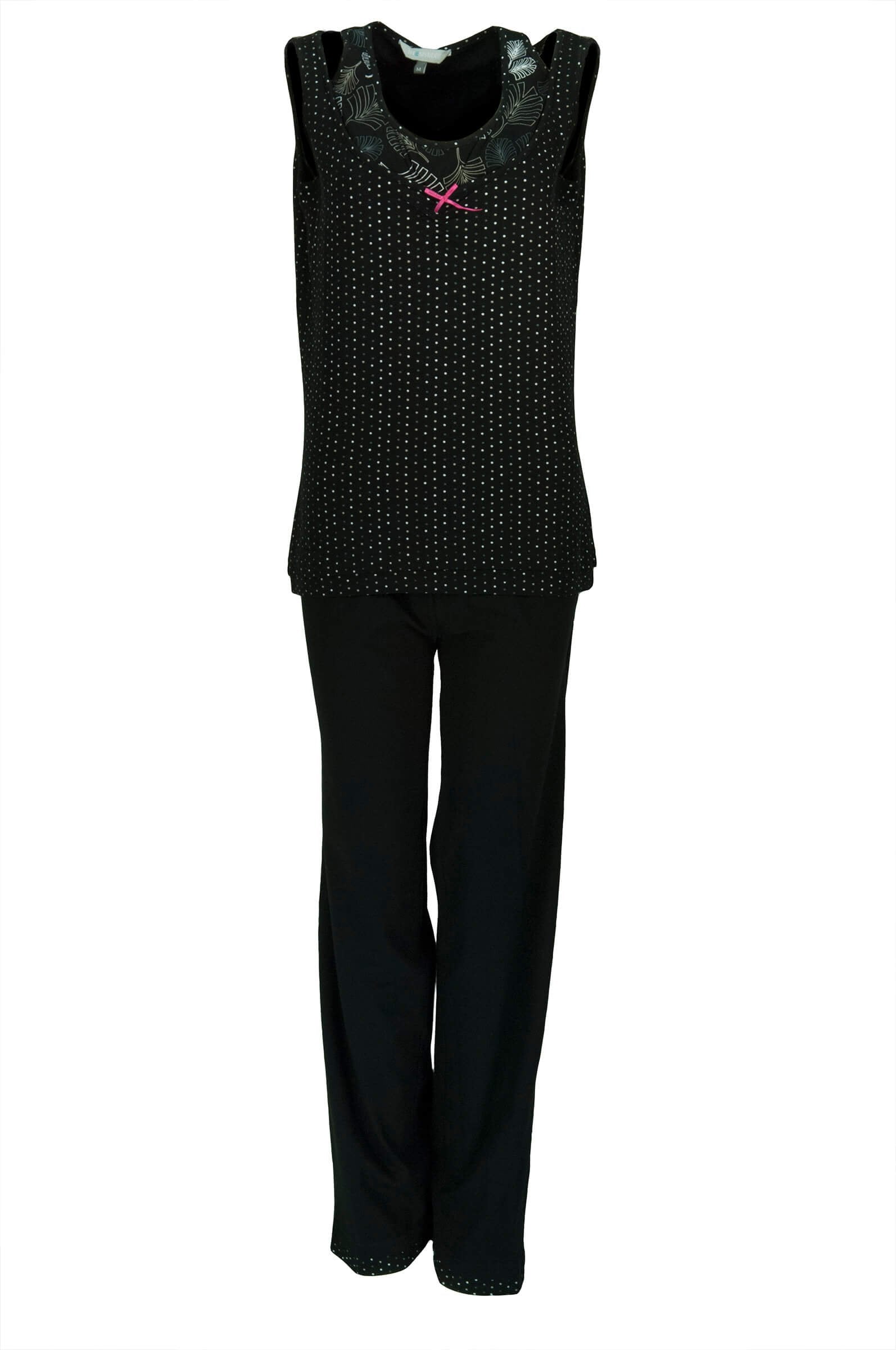 Zwarte dames pyjama met mouwloze gestipte top en lange effen broek. Ronde hals met rimpeldetail en roze strikje.