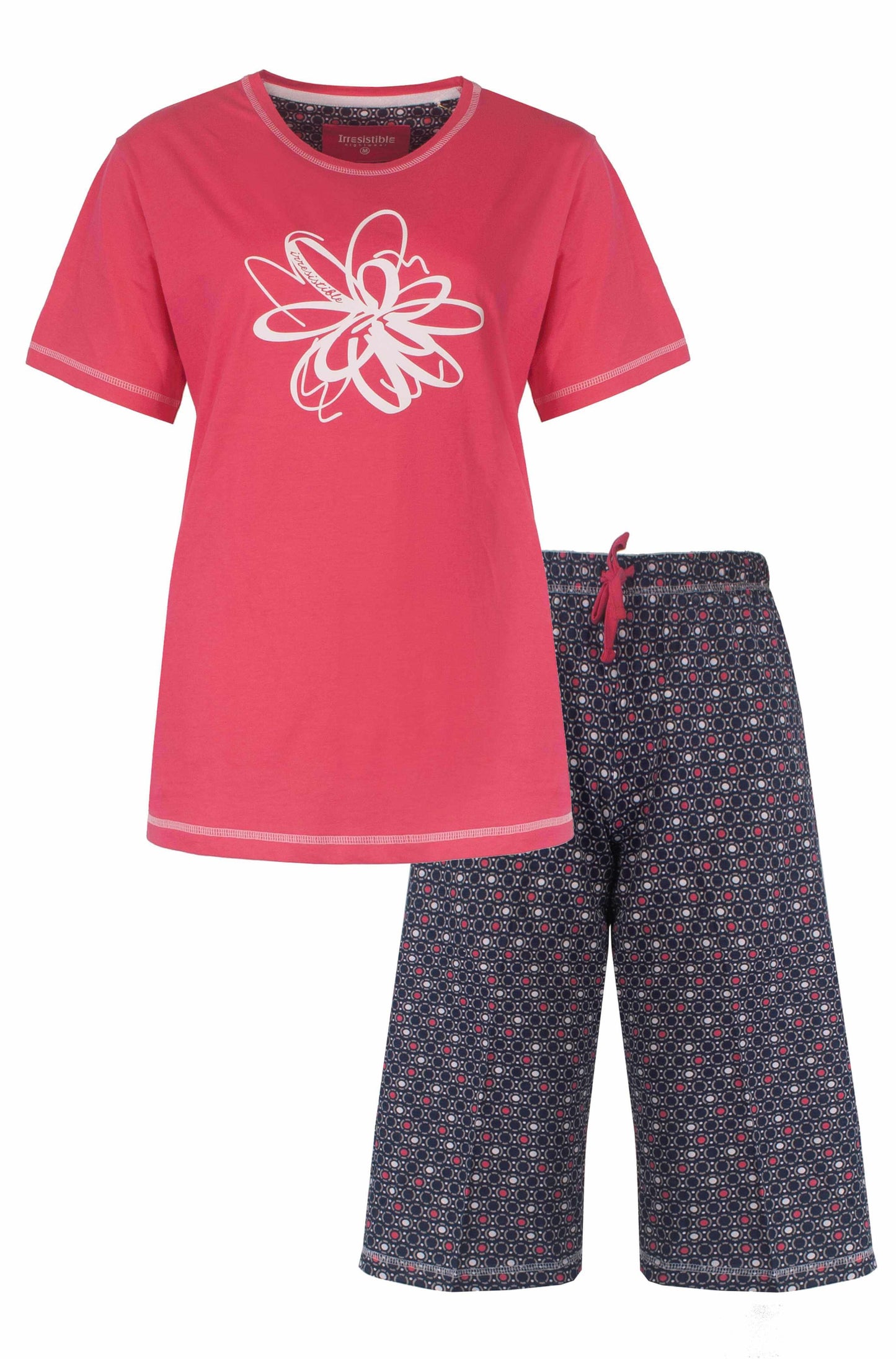 Rode dames pyjama met korte mouwen en witte bloem print, bijpassende donkere broek met stippen papatroon