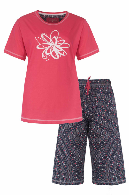 Rode dames pyjama met korte mouwen en witte bloem print, bijpassende donkere broek met stippen papatroon