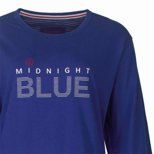 Kobaltblauwe pyjama met lange mouwen met 'MIDNIGHT BLUE' opdruk in wit.onde hals en gestreepte binnenkraag.