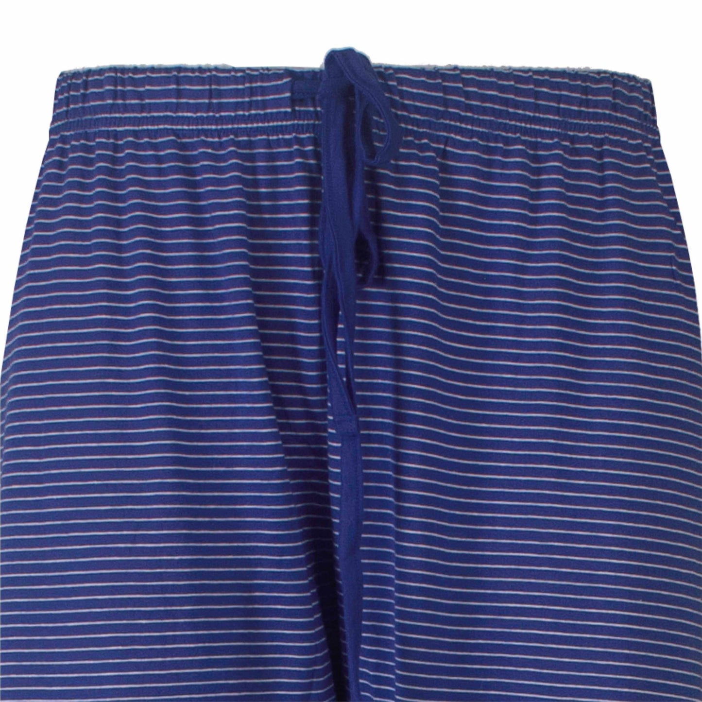 Kobaltblauwe pyjama broek met witte strepen en een aantrekkoord aan de taille, gemaakt van zacht materiaal.
