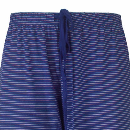 Kobaltblauwe pyjama broek met witte strepen en een aantrekkoord aan de taille, gemaakt van zacht materiaal.
