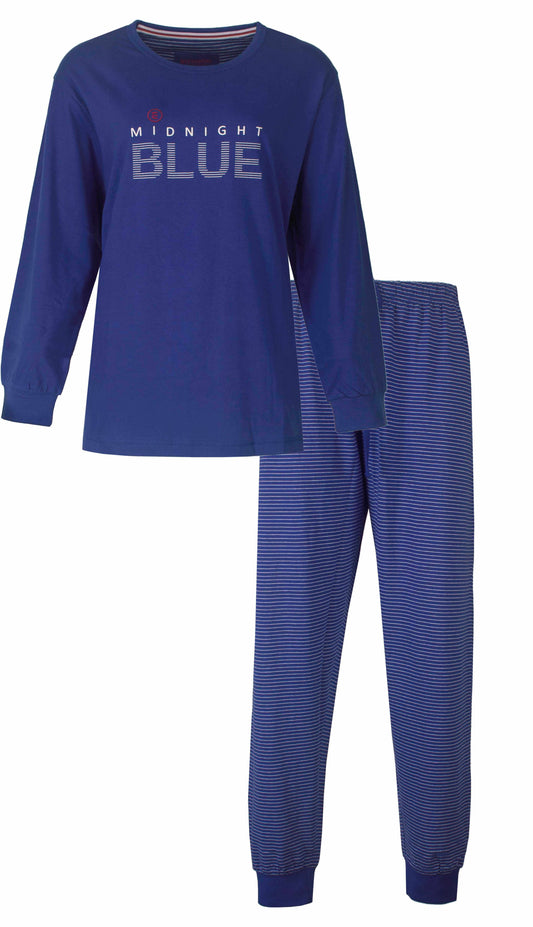 Kobaltblauwe damespyjama met lange mouwen, 'Midnight Blue' opdruk op shirt en gestreepte broek