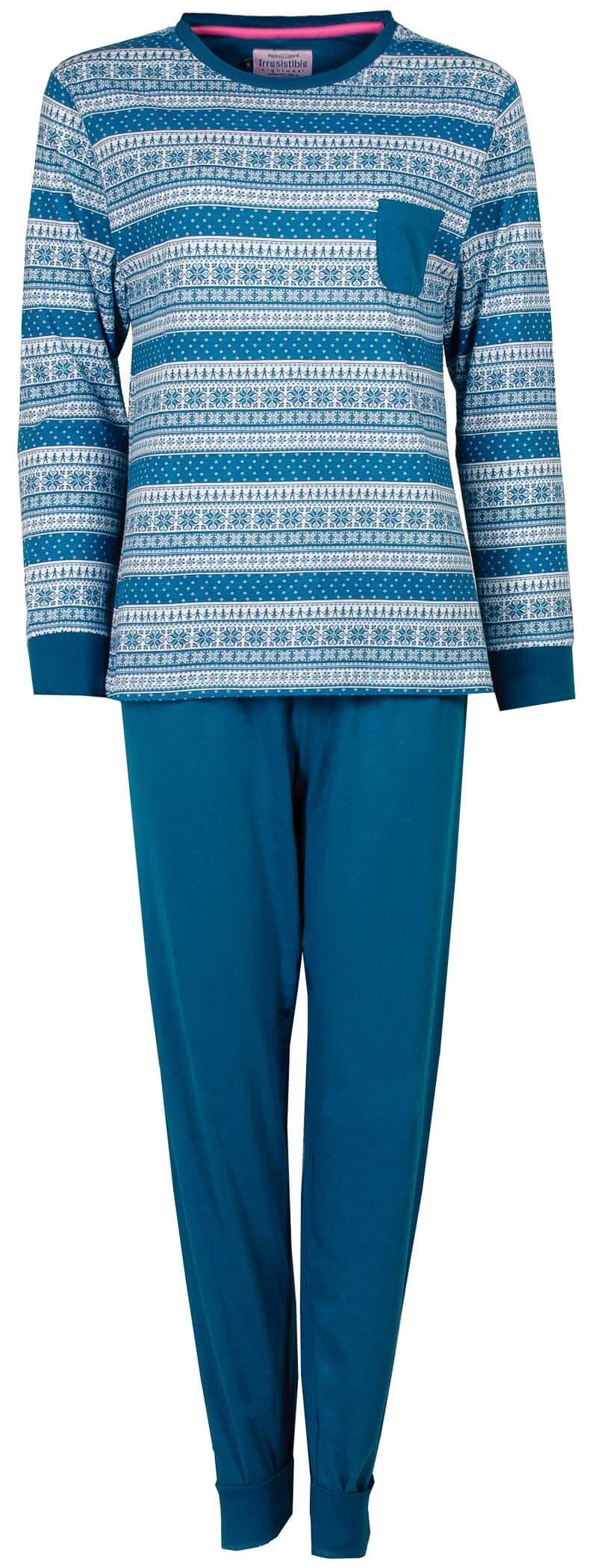Groen-blauwe dames pyjama met lange mouwen en winterse print, bestaande uit een gestreept shirt en effen broek.