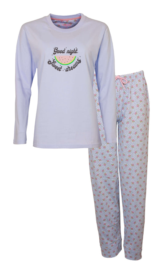 Lichtblauwe pyjama set met watermeloen print op shirt en gebloemde broek, 'Good night sweet dreams' tekst