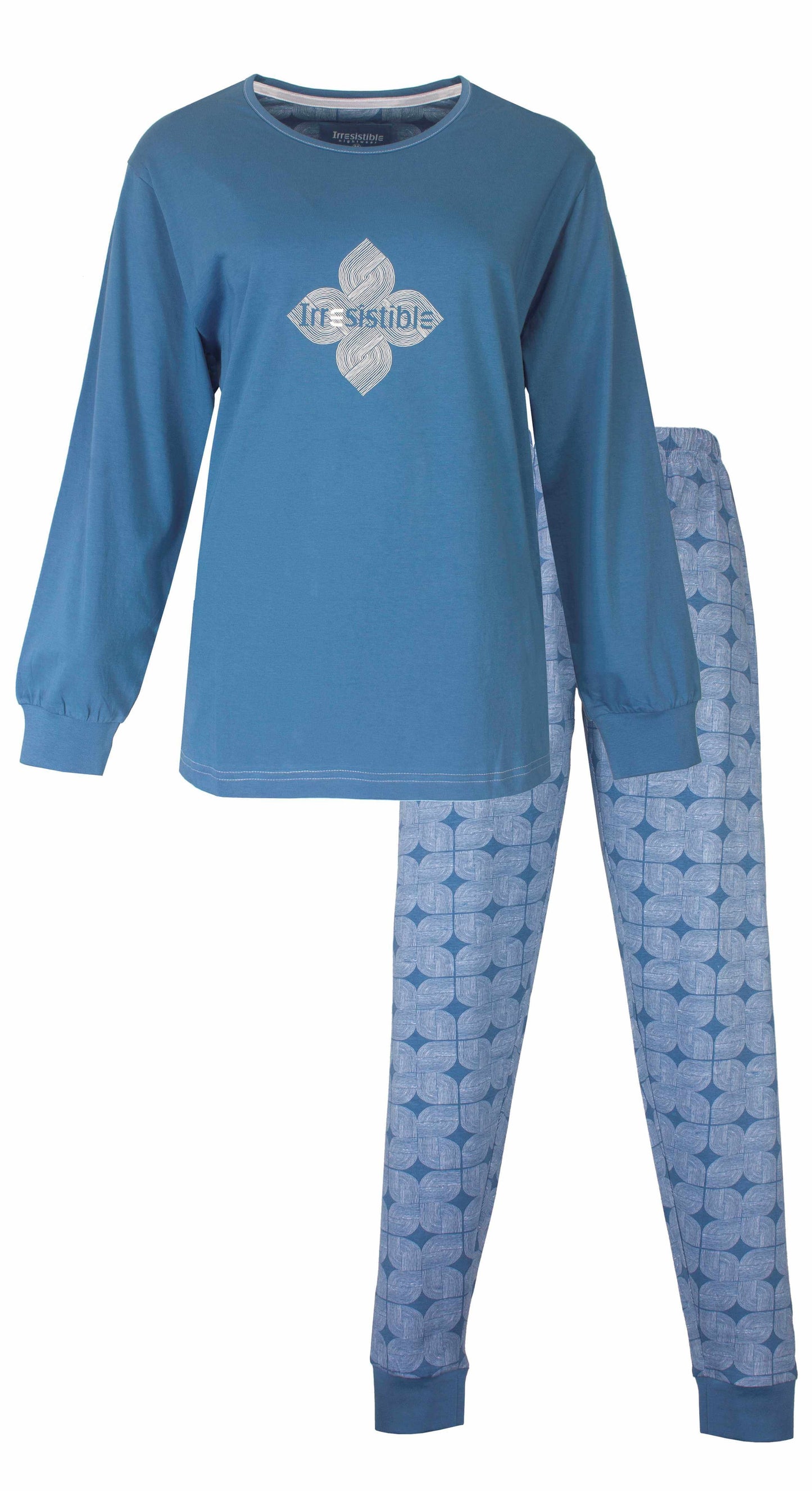 Oceaanblauwe dames pyjama met lange mouwen en bijpassende broek met geometrisch patroon