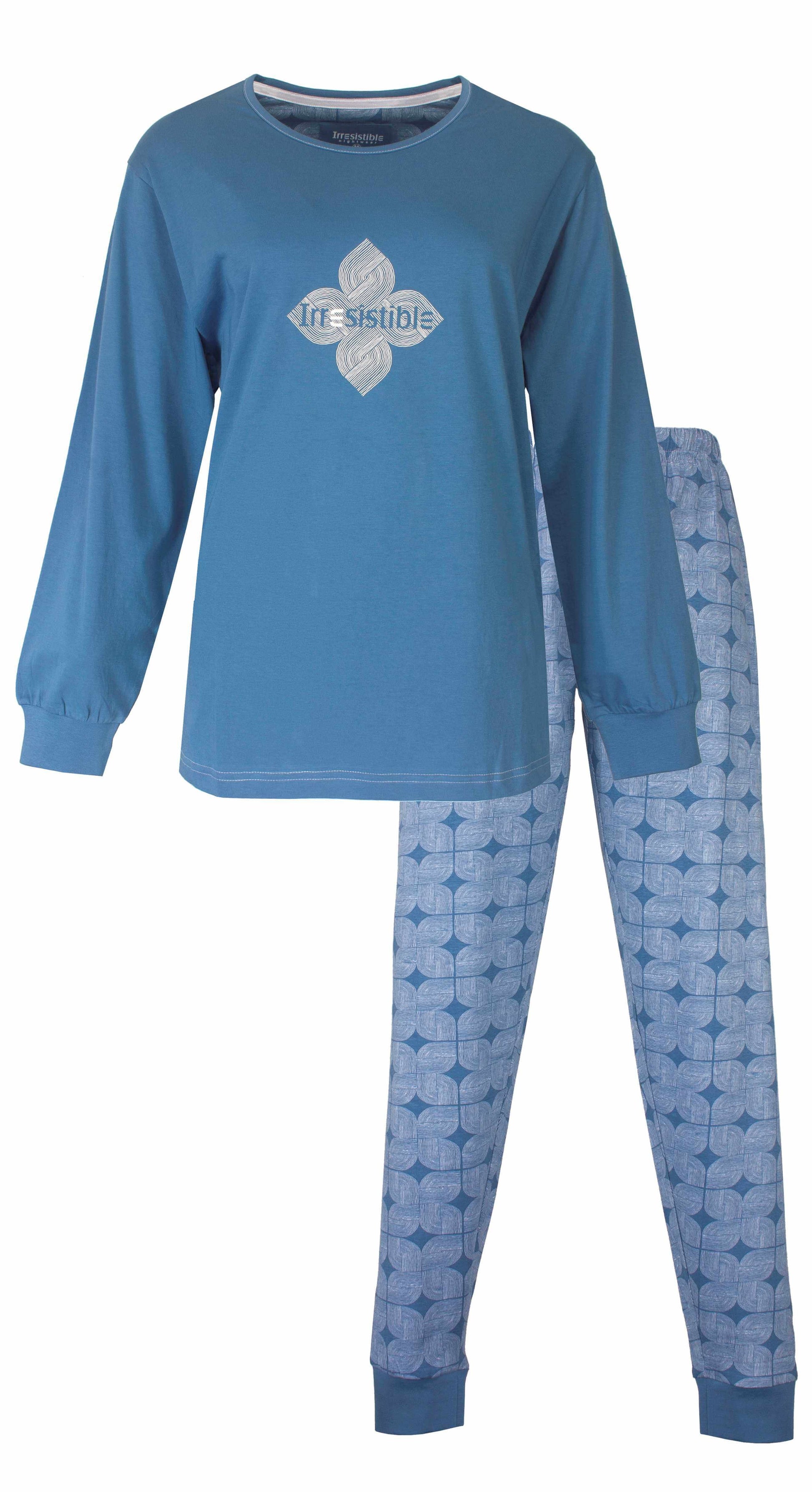 Oceaanblauwe dames pyjama met lange mouwen en bijpassende broek met geometrisch patroon