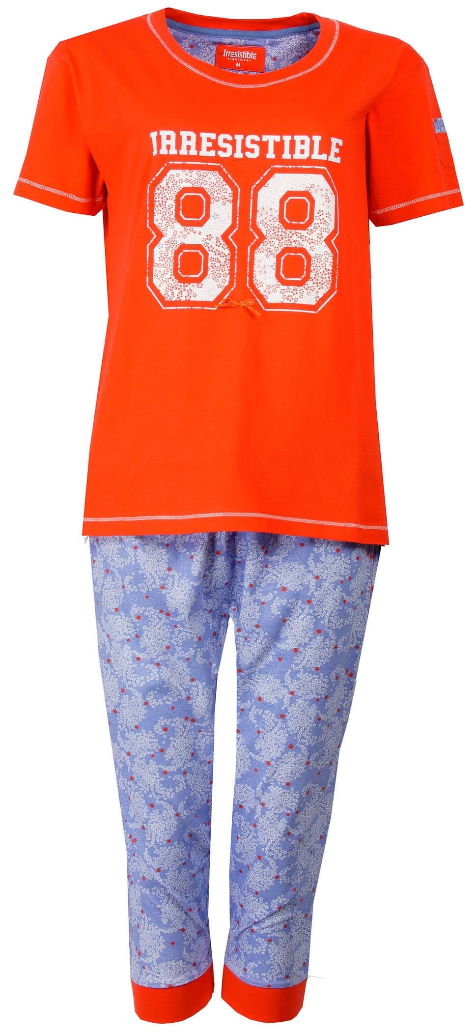 Oranje T-shirt met '88' print en blauwe driekwart broek met bloemenpatroon, dames pyjama set