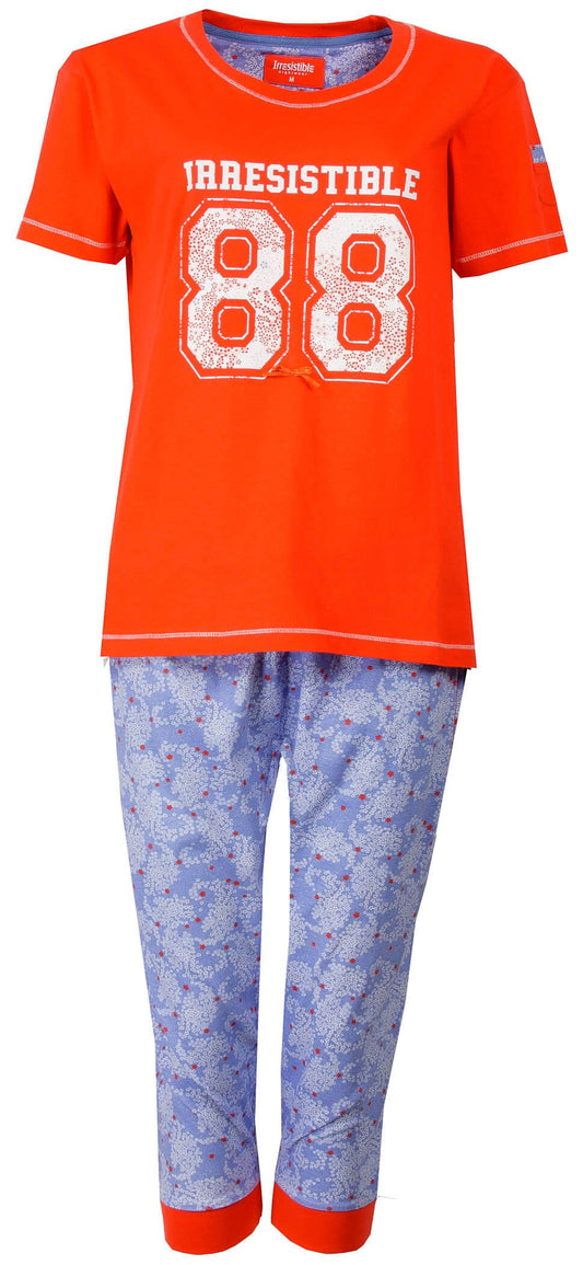 Oranje T-shirt met '88' print en blauwe driekwart broek met bloemenpatroon, dames pyjama set