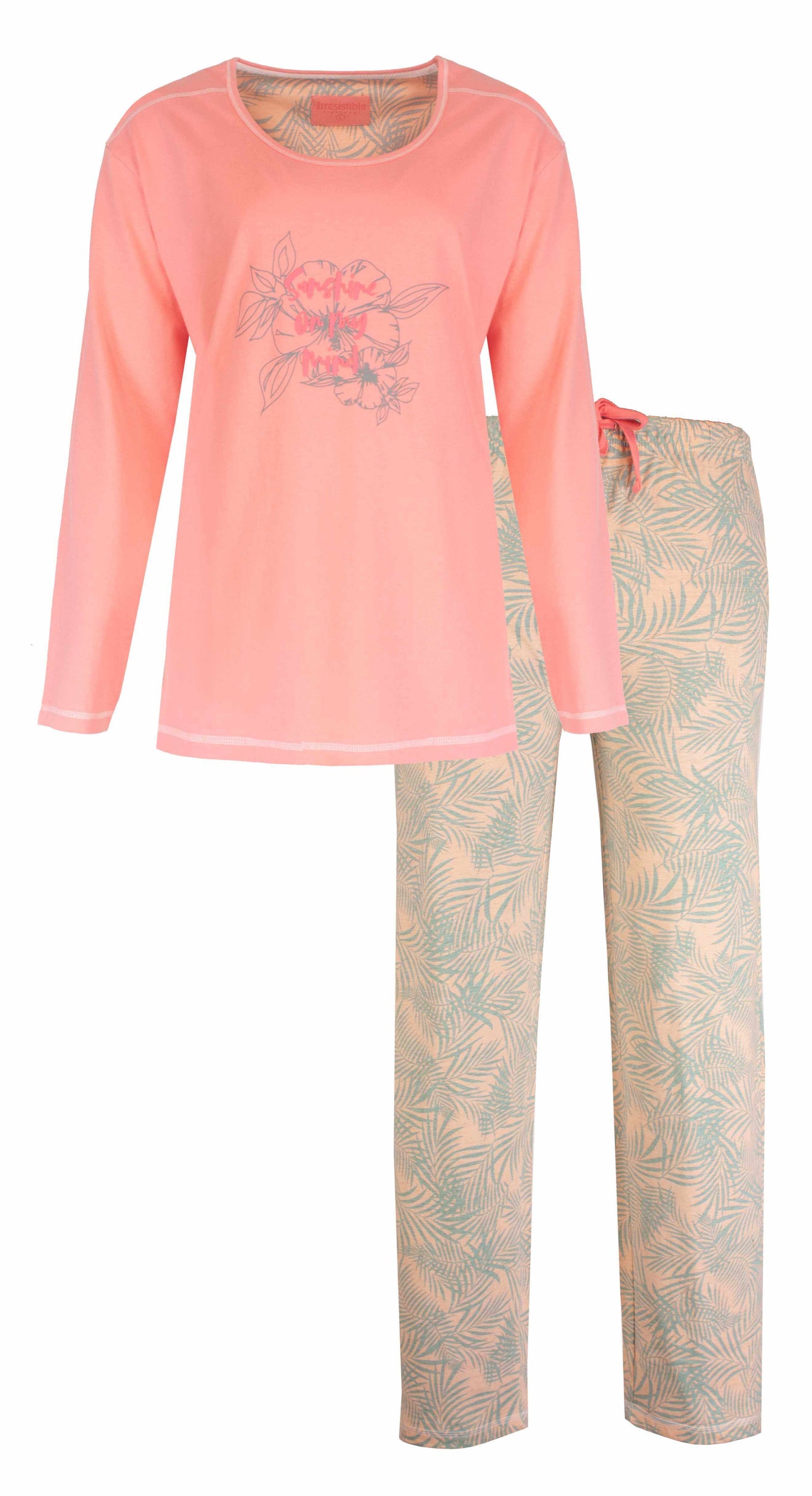Roze dames pyjama set met lange mouwen en bloemenprint, bijpassende broek met palmblad patroon