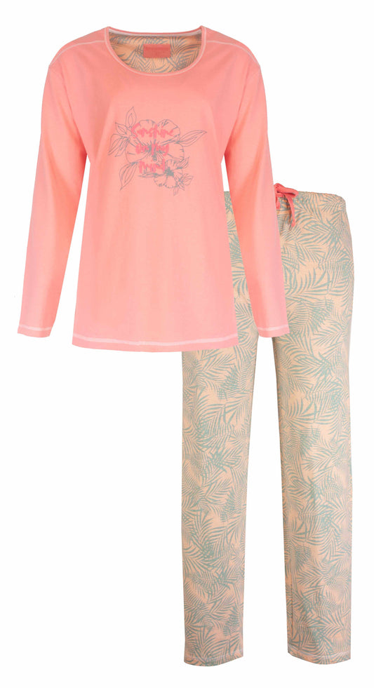 Roze dames pyjama set met lange mouwen en bloemenprint, bijpassende broek met palmblad patroon