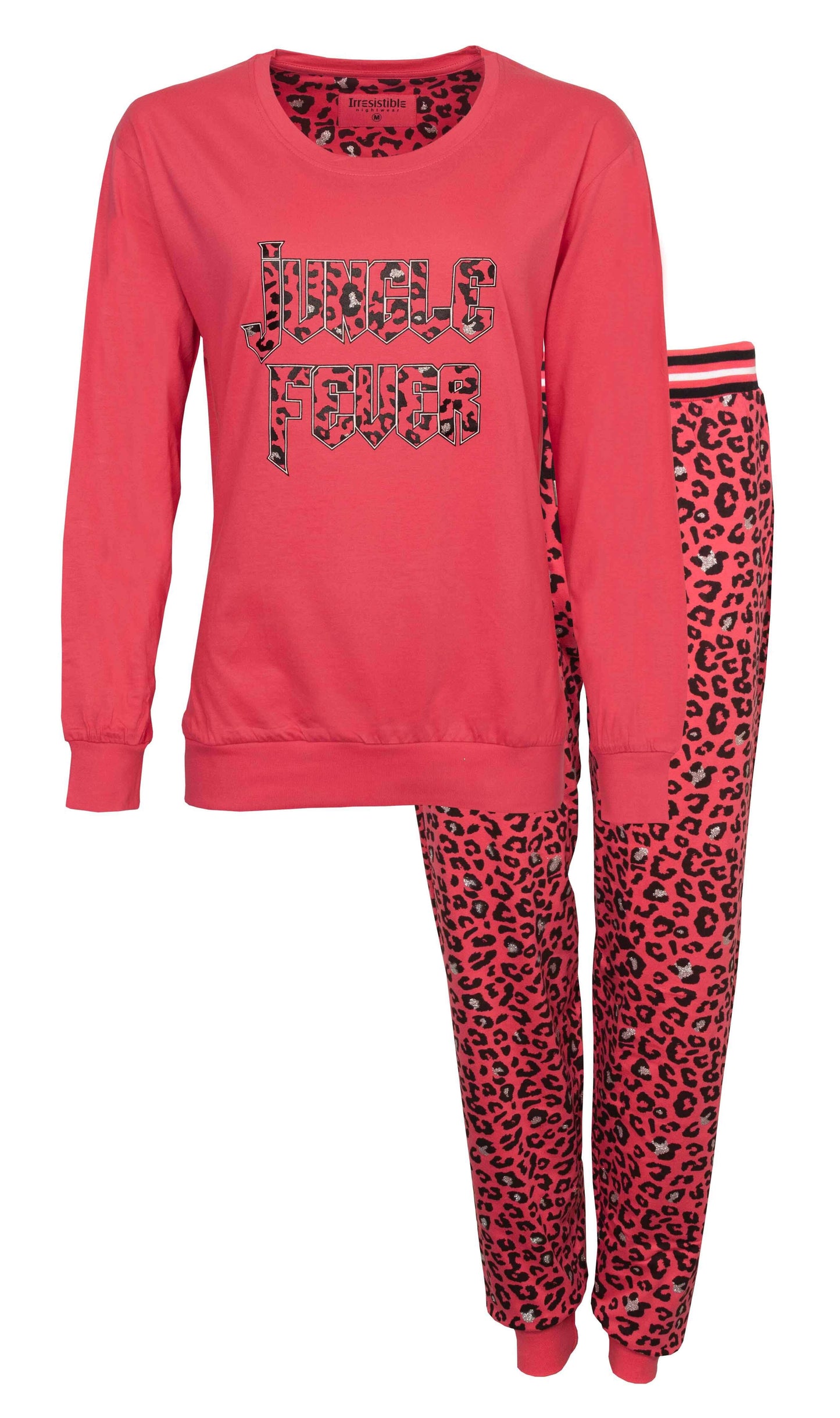 Rode dames pyjama met lange mouwen en 'Jungle Fever' opdruk. Broek met luipaardprint in rood en zwart.