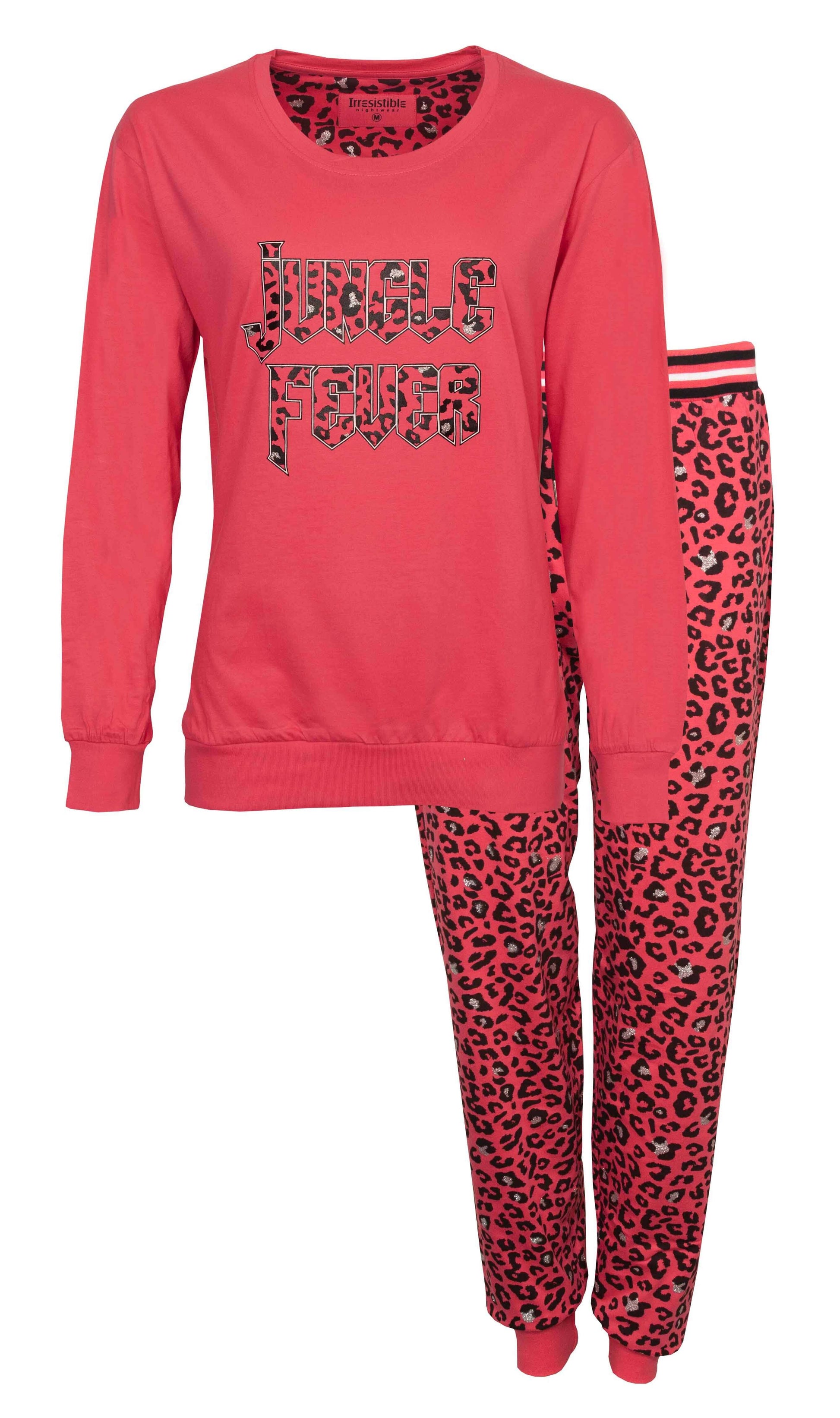Rode dames pyjama met lange mouwen en 'Jungle Fever' opdruk. Broek met luipaardprint in rood en zwart.