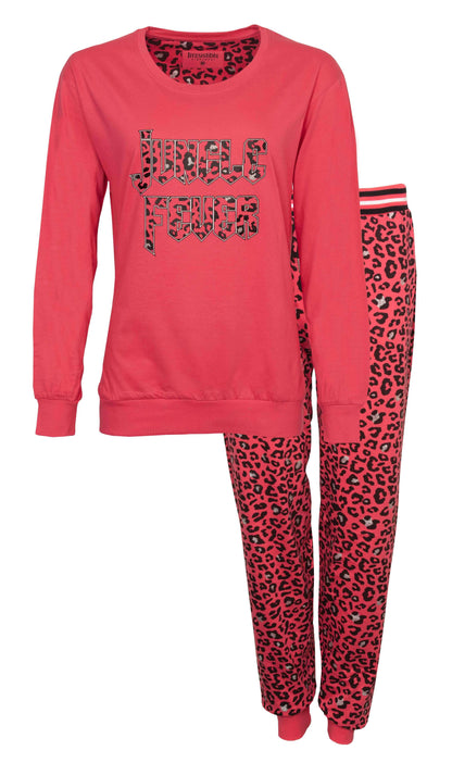 Rode dames pyjama met lange mouwen en 'Jungle Fever' opdruk. Broek met luipaardprint in rood en zwart.