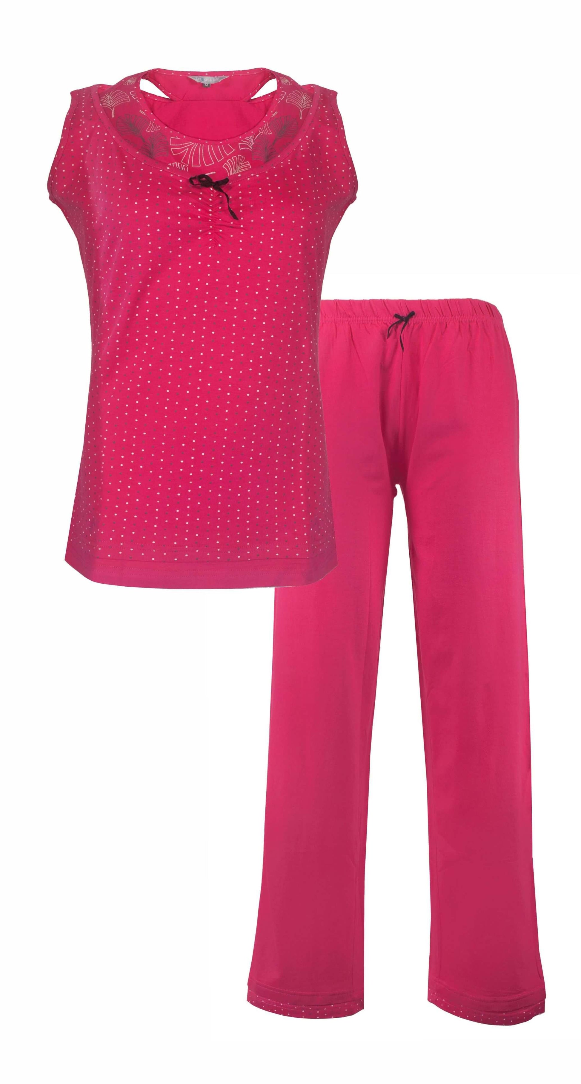 Roze pyjama set met mouwloze top met stippen en uni lange broek, beide met zwart strikje