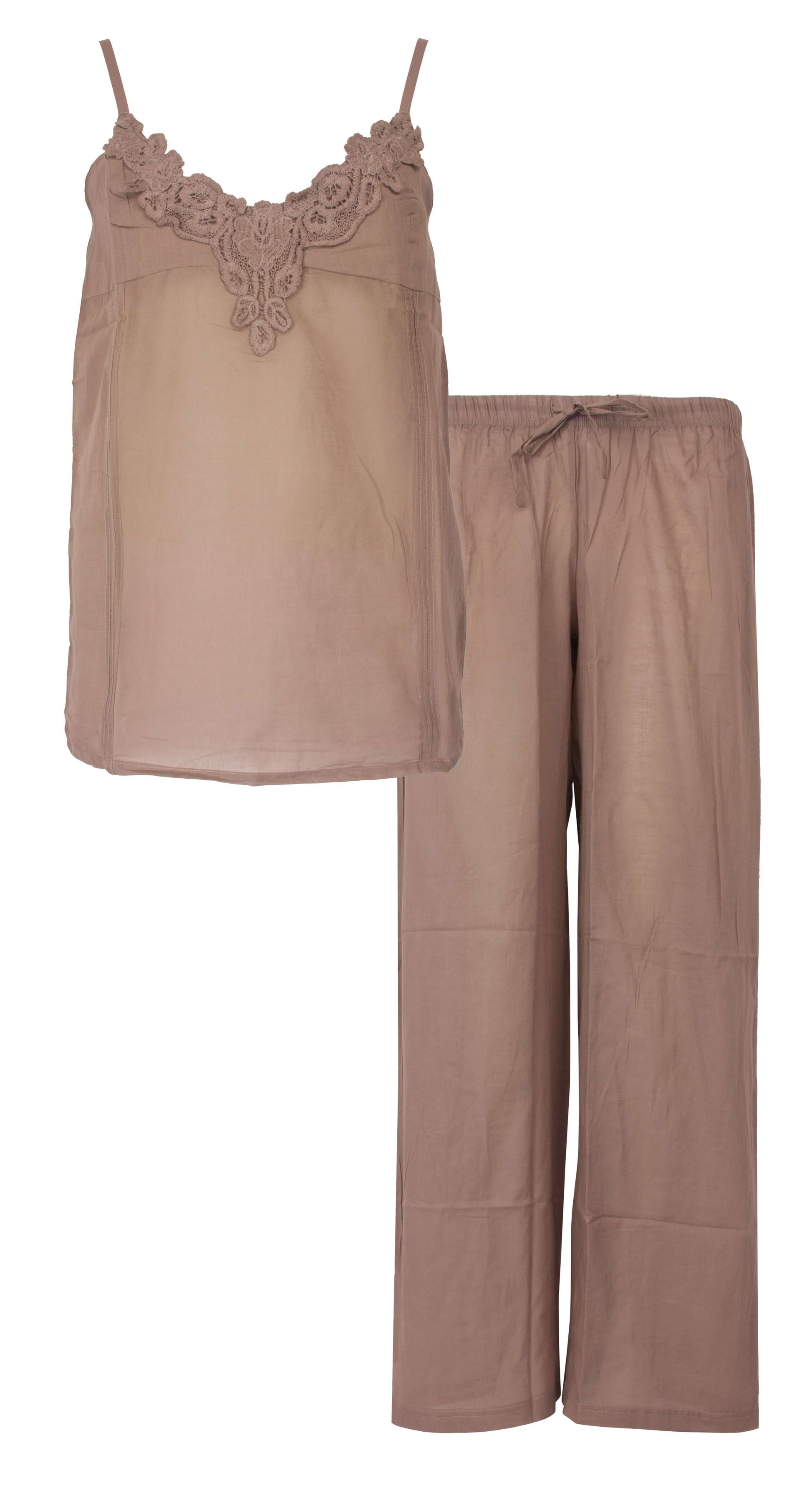 Taupe dames pyjama set met kanten spaghetti top en lange broek, gemaakt van 100% katoen voile stof.