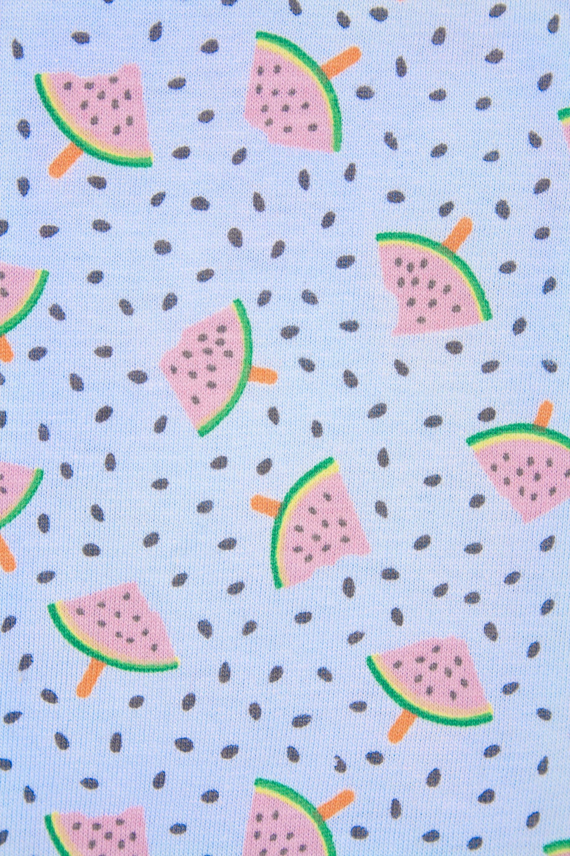 Lichtblauwe stof met patroon van roze watermeloenschijfjes en zwarte pitjes, voor dames pyjama