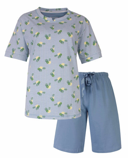 Blauwe dames shortama met gestreept shirt met ananasprint en effen korte broek met strikkoord