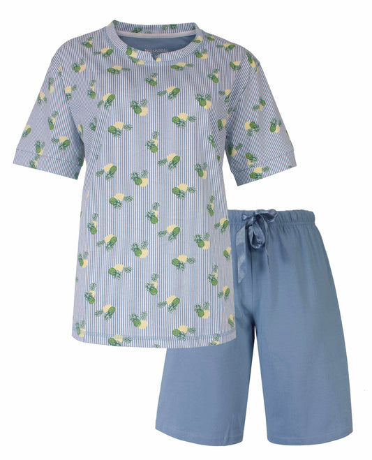 Blauwe dames shortama met gestreept shirt met ananasprint en effen korte broek met strikkoord