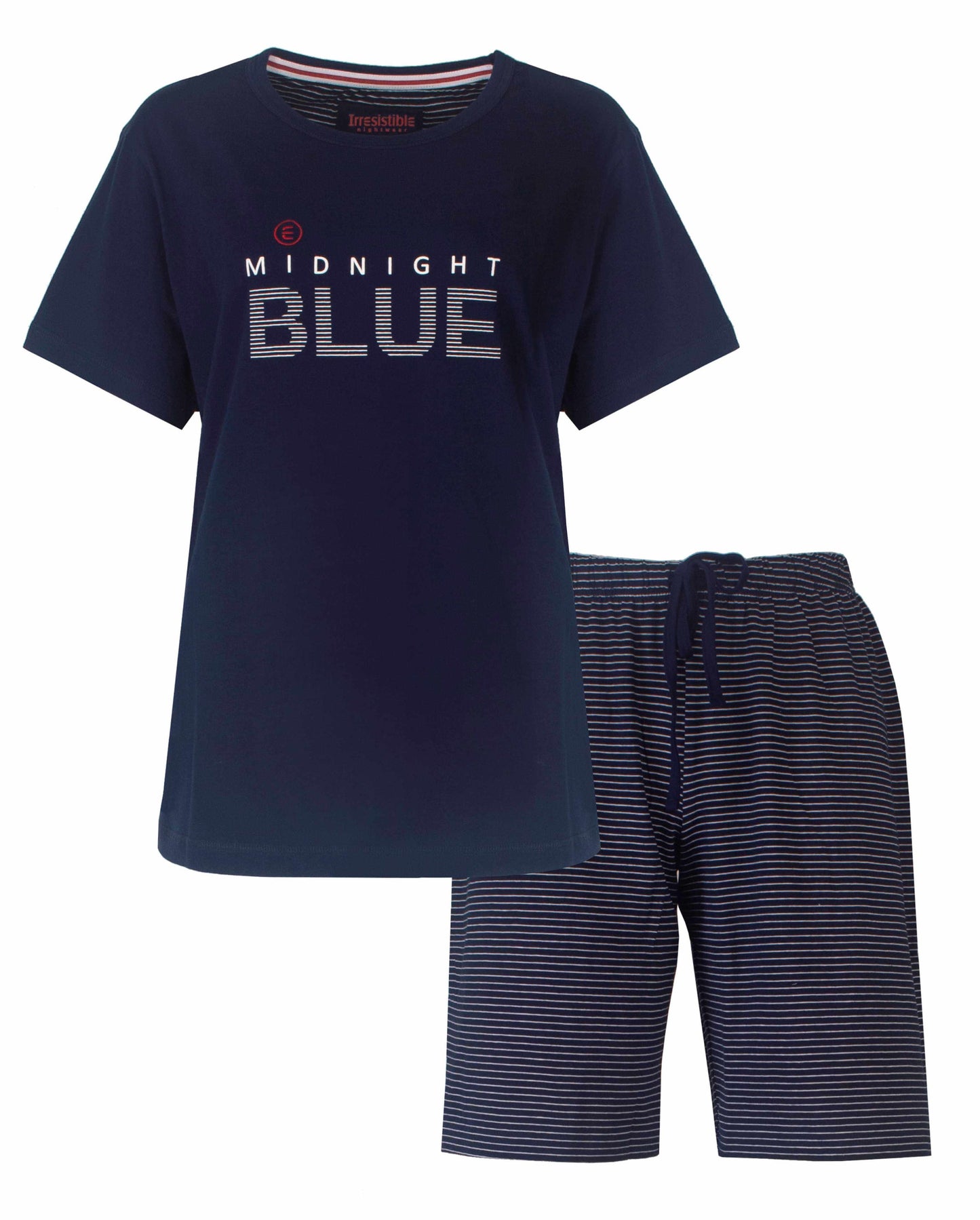 Donkerblauwe dames shortama set, T-shirt met 'Midnight Blue' opdruk en gestreepte korte broek
