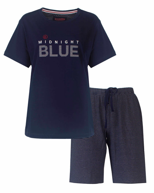 Donkerblauwe dames shortama set, T-shirt met 'Midnight Blue' opdruk en gestreepte korte broek