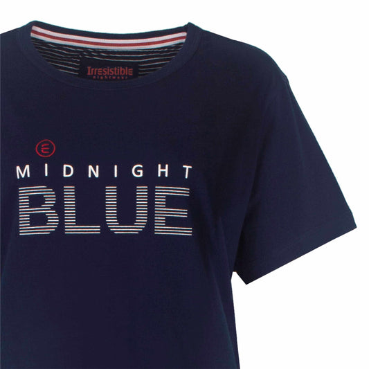 Donkerblauwe dames shortama met korte mouwen. 'Midnight Blue' tekst op de voorkant in wit en rood.