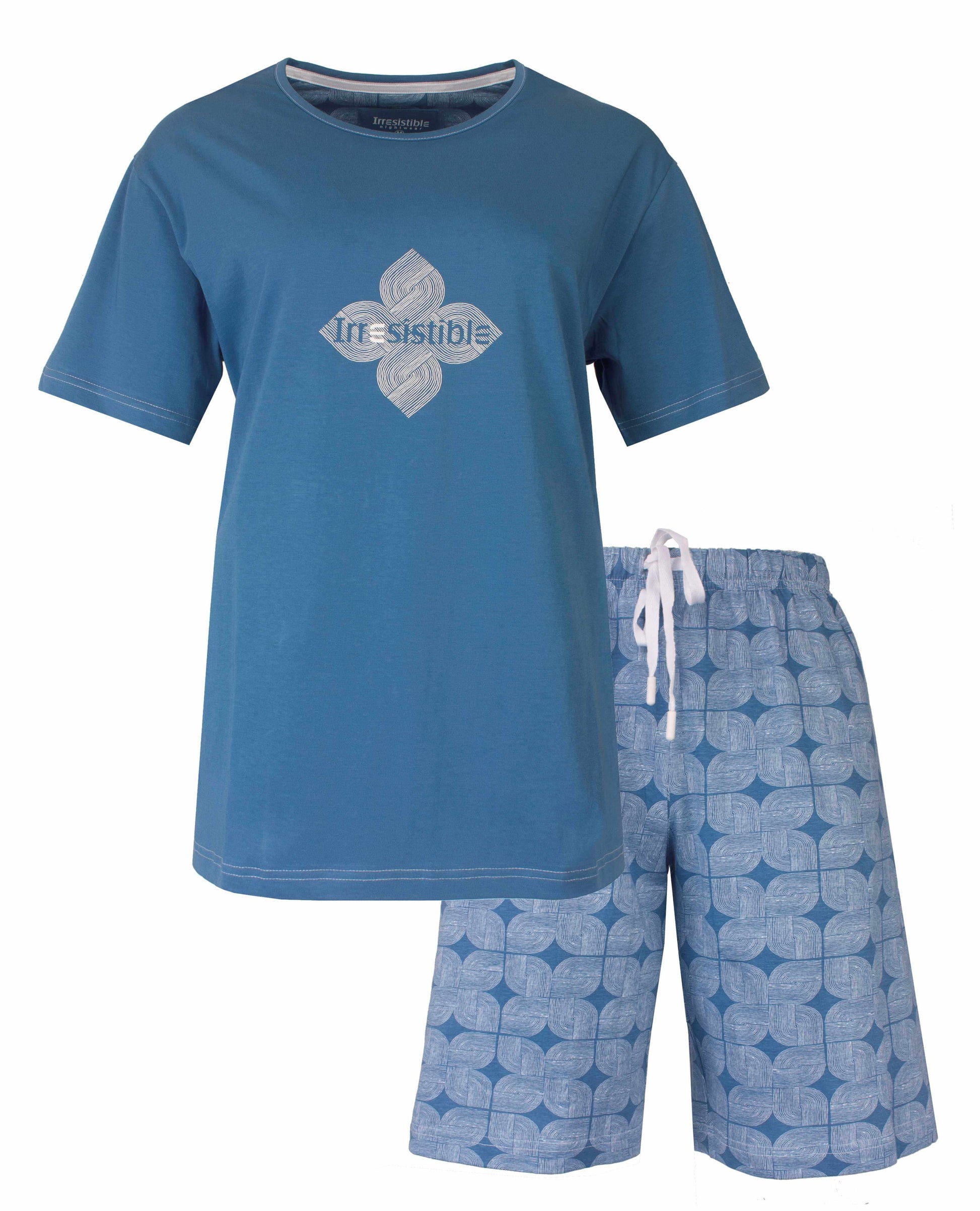 Oceaanblauwe dames shortama set: T-shirt met logo en bijpassende shorts met bloempatroon en trekkoord