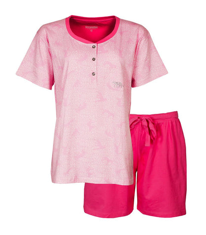Roze dames shortama met panter dessin. T-shirt met knoopsluiting en korte broek met aantrekkoord.