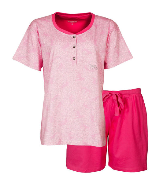 Roze dames shortama met panter dessin. T-shirt met knoopsluiting en korte broek met aantrekkoord.