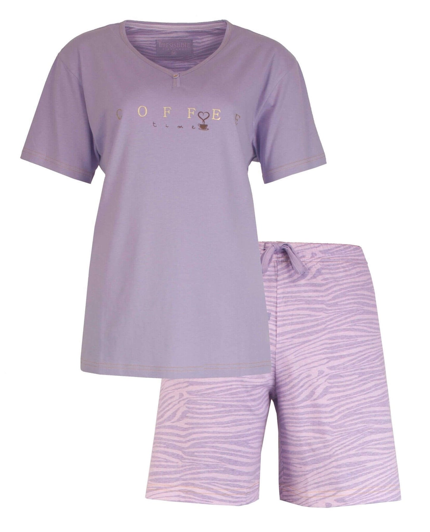 Paarse dames pyjama set met 'Coffee time' tekst op shirt en zebraprint shorts