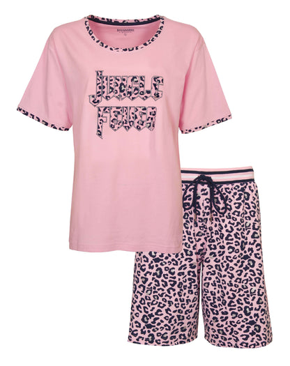 Roze shortama met panterprint. T-shirt met 'Jungle Fever' tekst en korte broek met volledige print.