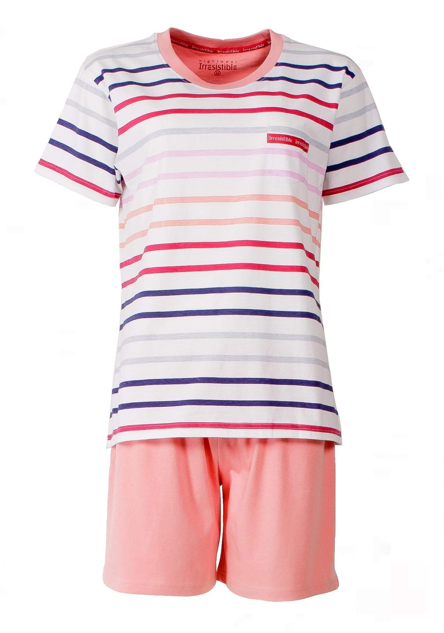 Gestreepte witte t-shirt met roze en paarse strepen, en roze korte broek. Merk Irresistible op de borstzak.