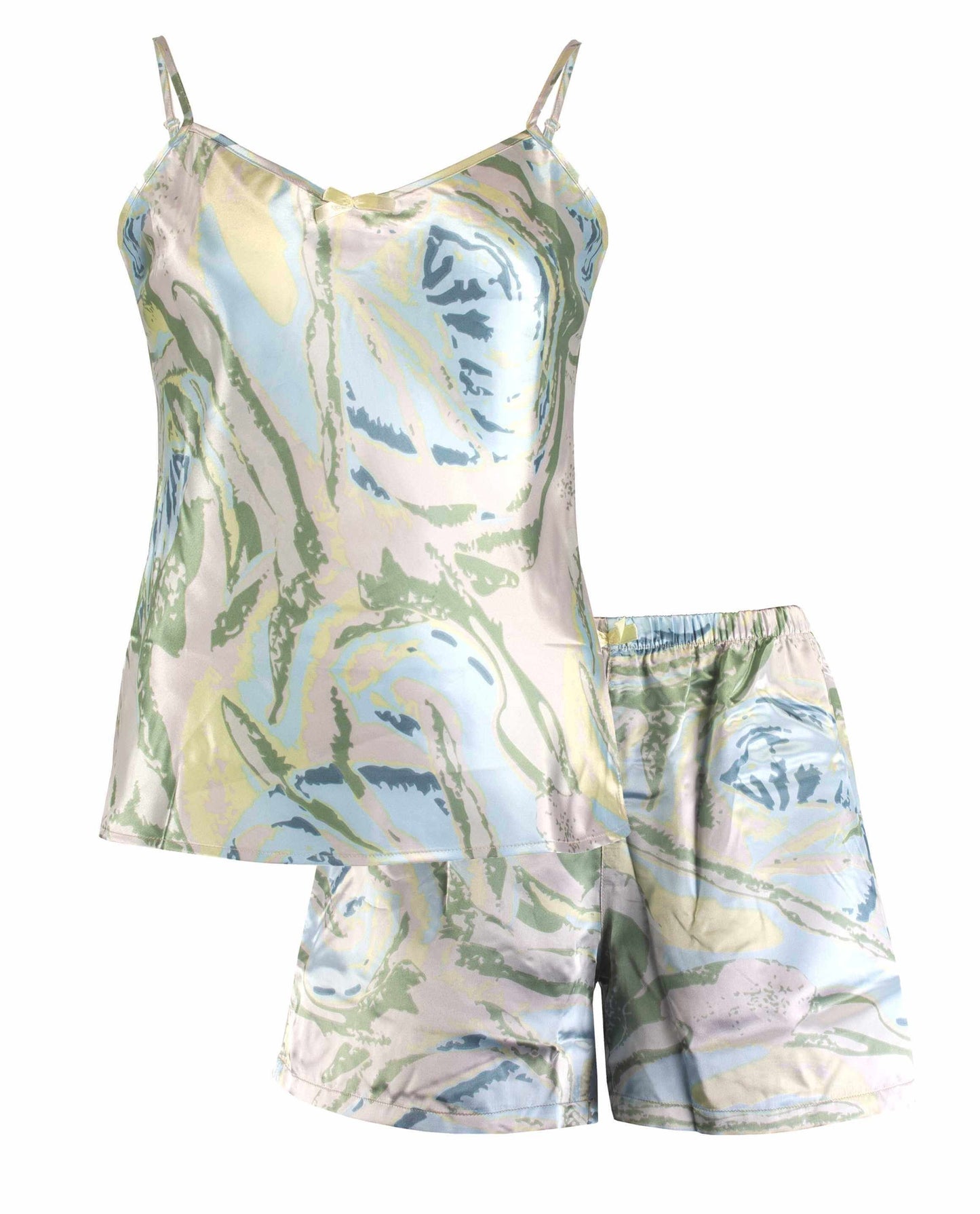 Satijnen dames shortama in groene en lichtblauwe tinten, met verstelbare spaghettibandjes en korte broek met strikje.