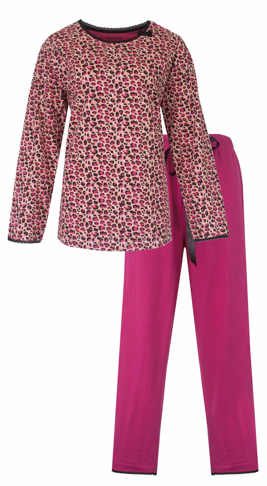 Irresistible Dames Pyjama - Lange Mouwen - Top met panterprint - Katoen - Pink Panterprint - vooraanzicht