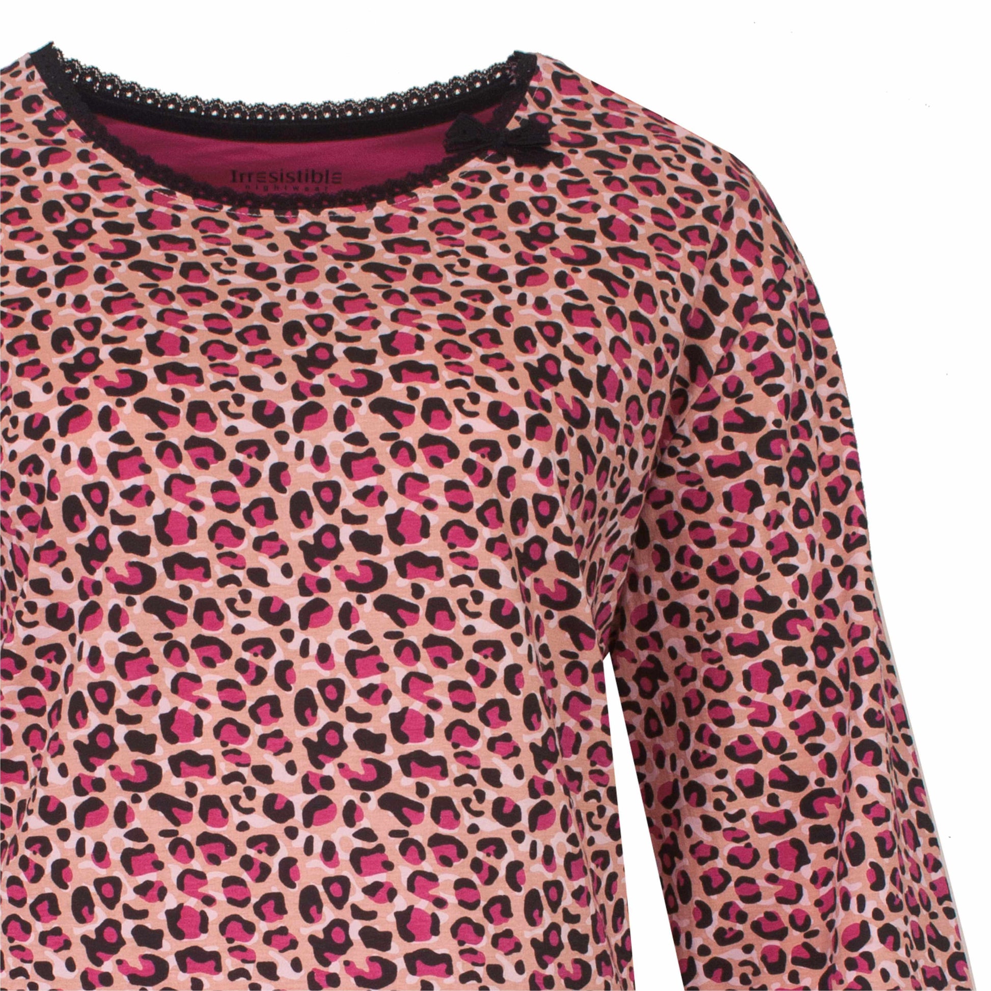 Irresistible Dames Pyjama - Lange Mouwen - Top met panterprint - Katoen - Pink Panterprint - detail