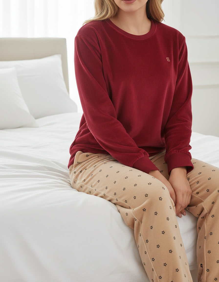 Irresistible Dames Velours Pyjama - Lange Mouwen - Ronde Hals - Rood - achteraanzicht