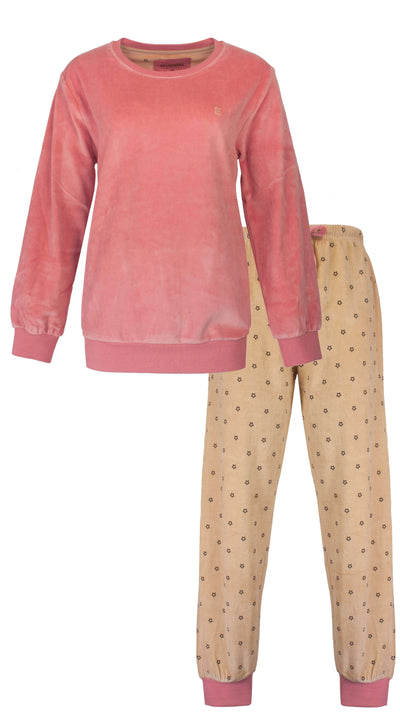 Irresistible Dames Velours Pyjama - lange Mouwen - Rond hals - Roze