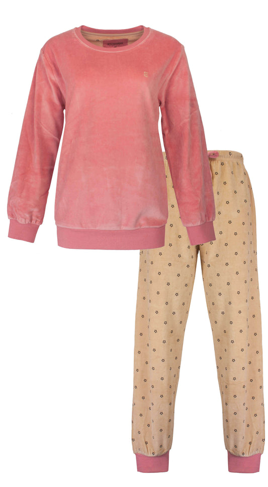 Irresistible Dames Velours Pyjama - lange Mouwen - Rond hals - Roze - vooraanzicht