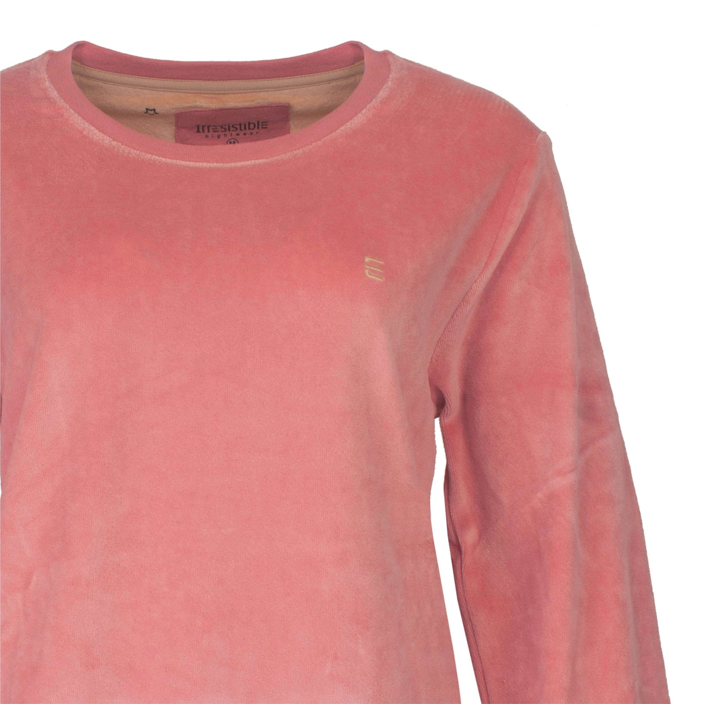 Irresistible Dames Velours Pyjama - lange Mouwen - Rond hals - Roze - detail