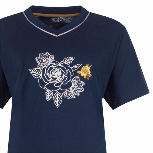 Marineblauw nachthemd met witte en gouden rozenprint, V-hals en korte mouwen, gemaakt van 100% katoen